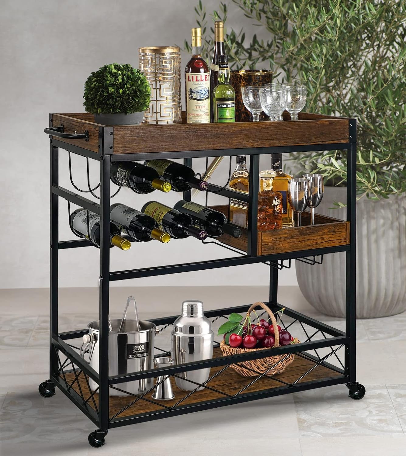 Bar Cart Industrial Kitchen Serving Carts for Home 3 Tier Storage Trolley with Wine Rack Glasses Holder Two Portable Trays Universal Casters with Brakes Rustic Rolling Cart Alcoholic Beverage