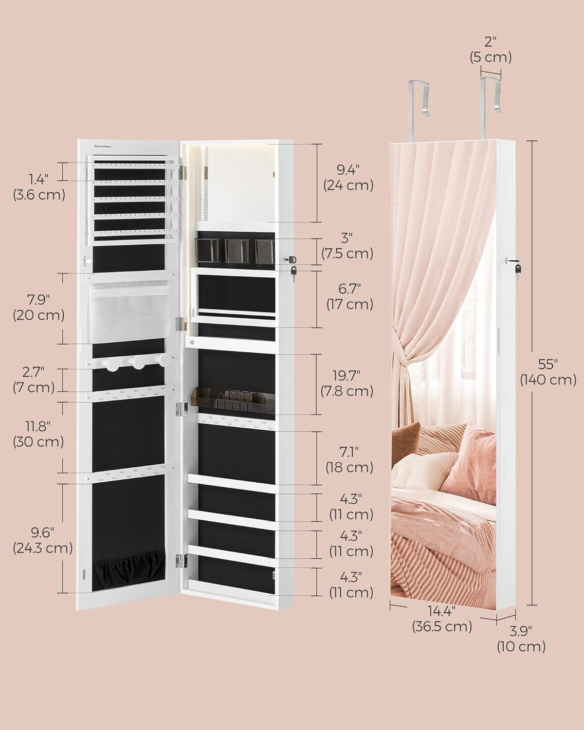 55 Inches Tall Spacious Jewelry Cabinet, Jewelry Armoire with Light-Up Interior Mirror, Wall or Door Mounted Jewelry Storage Organizer, Lockable, Gift Idea, Cloud White UJJC032W01