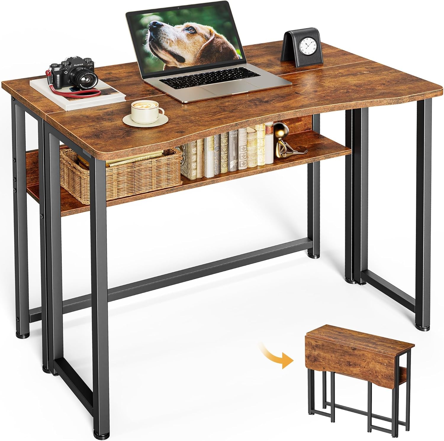Folding Desk with Storage Shelf, 31.5 Inch Foldable Computer Table for Small Spaces, Space Saving Sofa Table for Couch, Writing Work Office Computer Desk, Easy to Fold, Rustic Brown