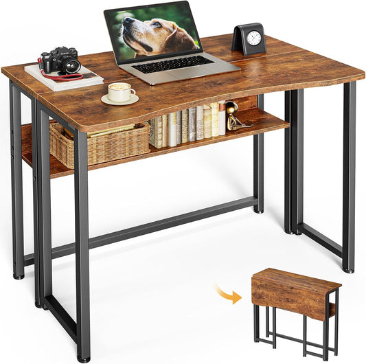 Folding Desk with Storage Shelf, 31.5 Inch Foldable Computer Table for Small Spaces, Space Saving Sofa Table for Couch, Writing Work Office Computer Desk, Easy to Fold, Rustic Brown