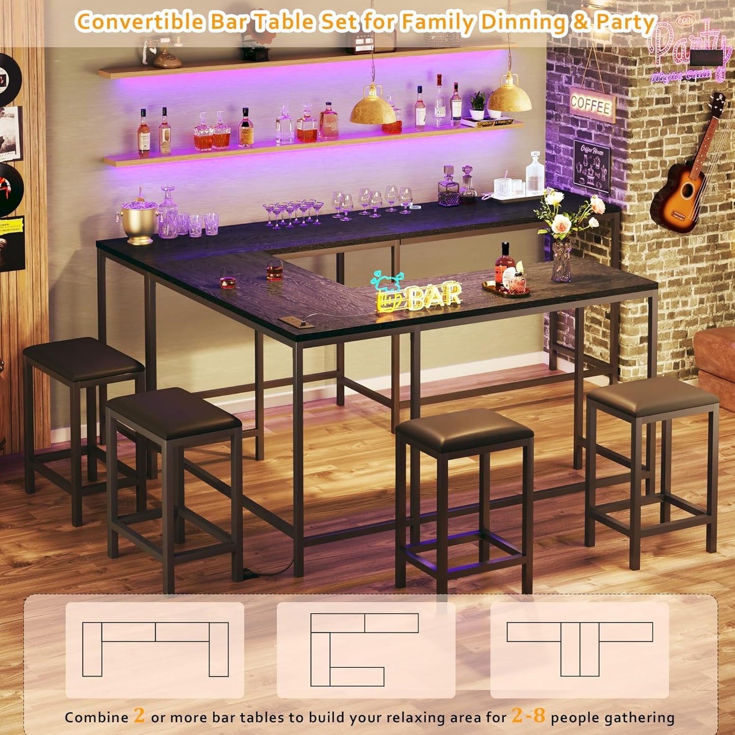 Bar Table and Chairs Set for 2-4, 63'' Convertible L-Shaped Kitchen Table with Power Outlets, 3 Piece Counter Height Small Dining Table with 2 Stools, Space Saving, Breakfast Nook Corner, Black