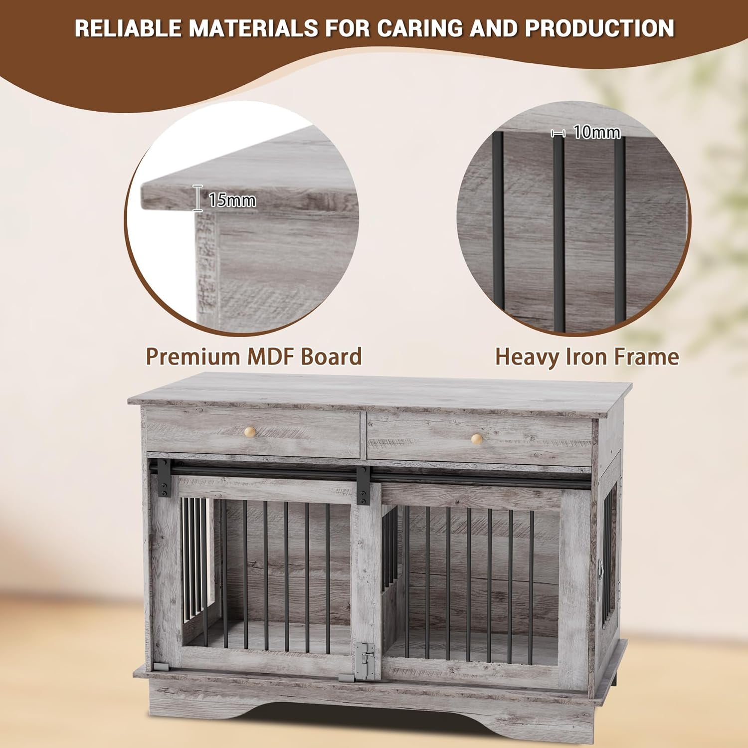 Dog Furniture Crate, 47" Large Dog Crate Furniture W/ 2 Storage Draws & Removable Divider for Large/Medium/Small Dogs (Grey, One Cage)