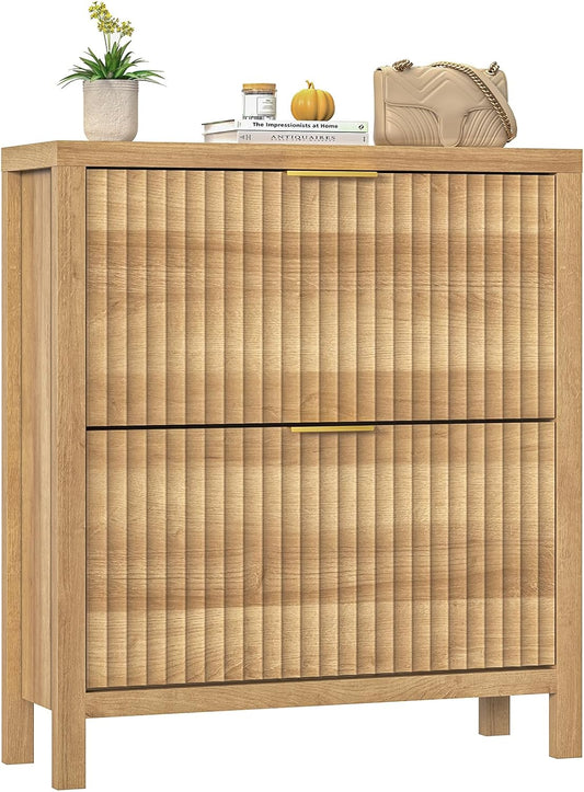 Shoe Cabinet Storage for Entryway, Fluted Shoe Cabinet with 2 Flip Drawers, Hidden Shoe Rack Tall Freestanding Shoe Organizer with Legs for Hallway, Oak