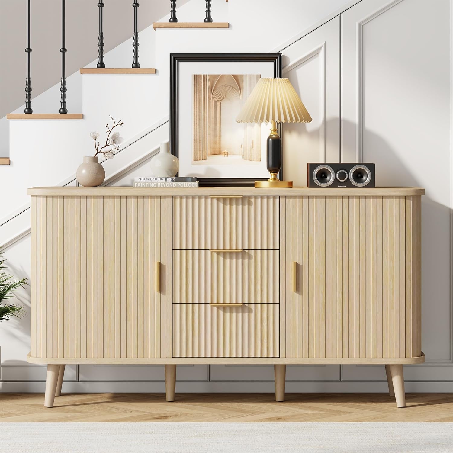 Natrual Buffet Cabinet, 55" Wide Sideboard Buffet Storage Cabinet with Rolling & Sliding Doors, Modern Bar Cabinet for Kitchen & Dining Room