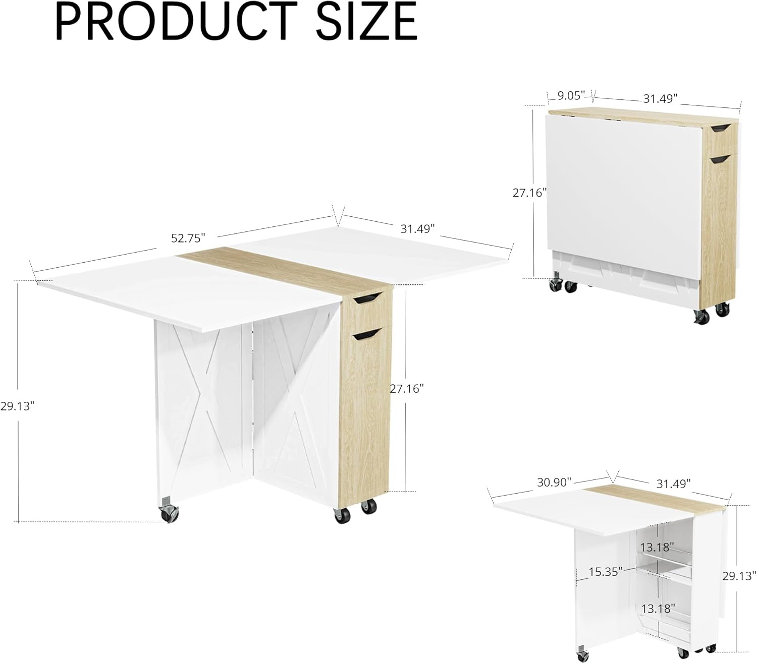 Folding Dining Table, Small Dining Table, Space Saving Dining Table with 6 Wheels, Kitchen Table Sewing Table for Small Spaces (White)