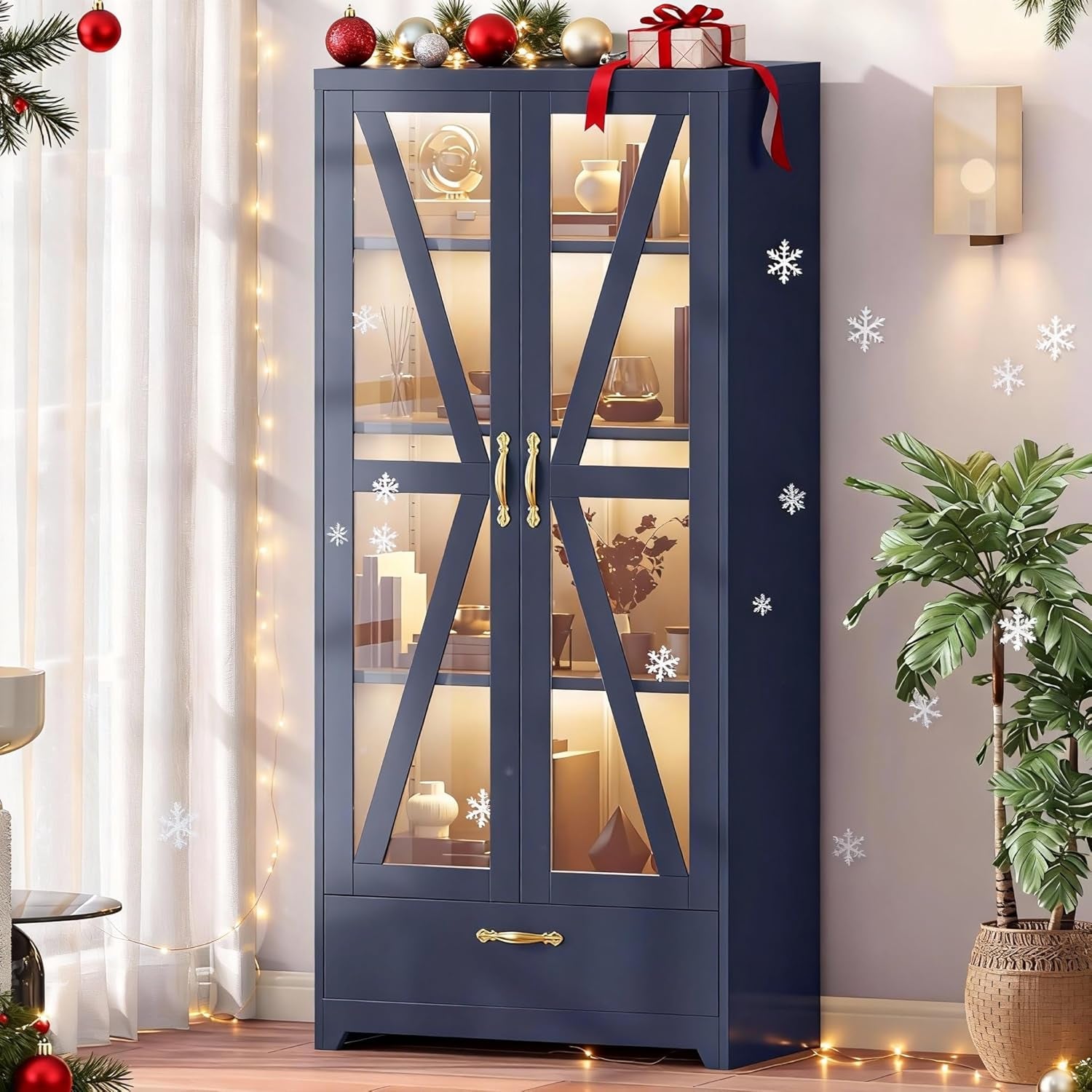 Display Cabinet with LED Lights, 61" Metal Display Case with Glass Barn Doors for Collectibles, Organizer Cabinet with 3 Adjustable Shelves and Drawer for Living Bedroom, Office, Navy Blue