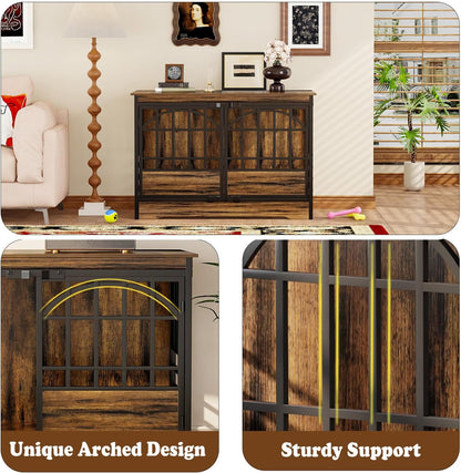 52 Inch Dog Crate Furniture, Extra Large Dog Kennel Indoor for Xlarge Breed, Heavy Duty Dog Cage with Double Elegant Arched Doors, Decorate as TV Stand & End Table (Cognac Brown)