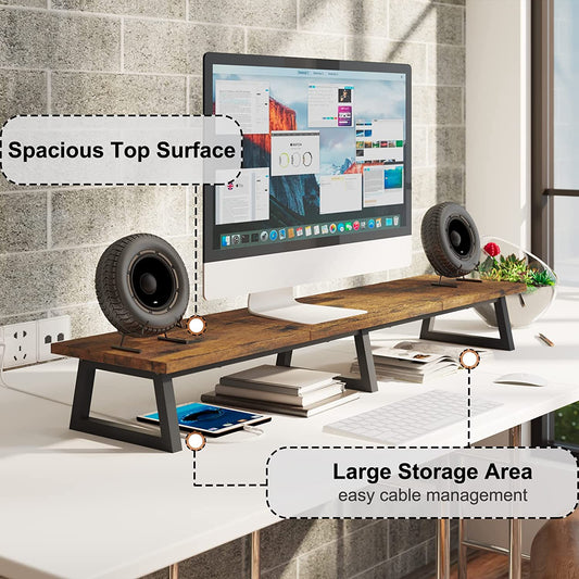 42 Inch Large [Dual] [Monitor] [Riser],Rustic Brown Extra Long TV [Stand Wood & Steel Desktop [Riser] with Storage for [Dual] Screen Office Desk Organization