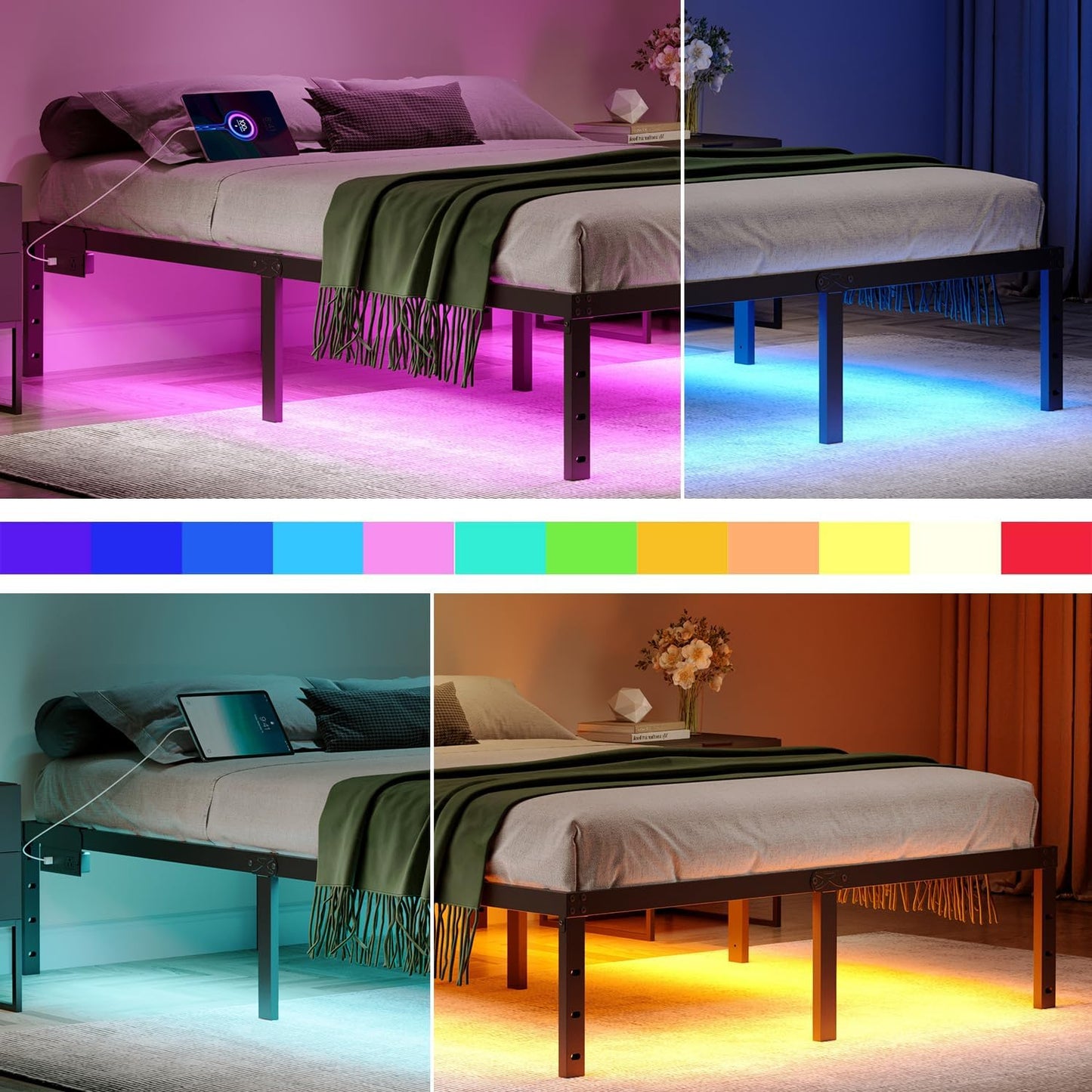 Queen Bed Frame with LED Lights & Charging Station - 14 Inch Heavy Duty Metal Platform Bed Frame No Box Spring Needed, Easy Assembly, No Noise