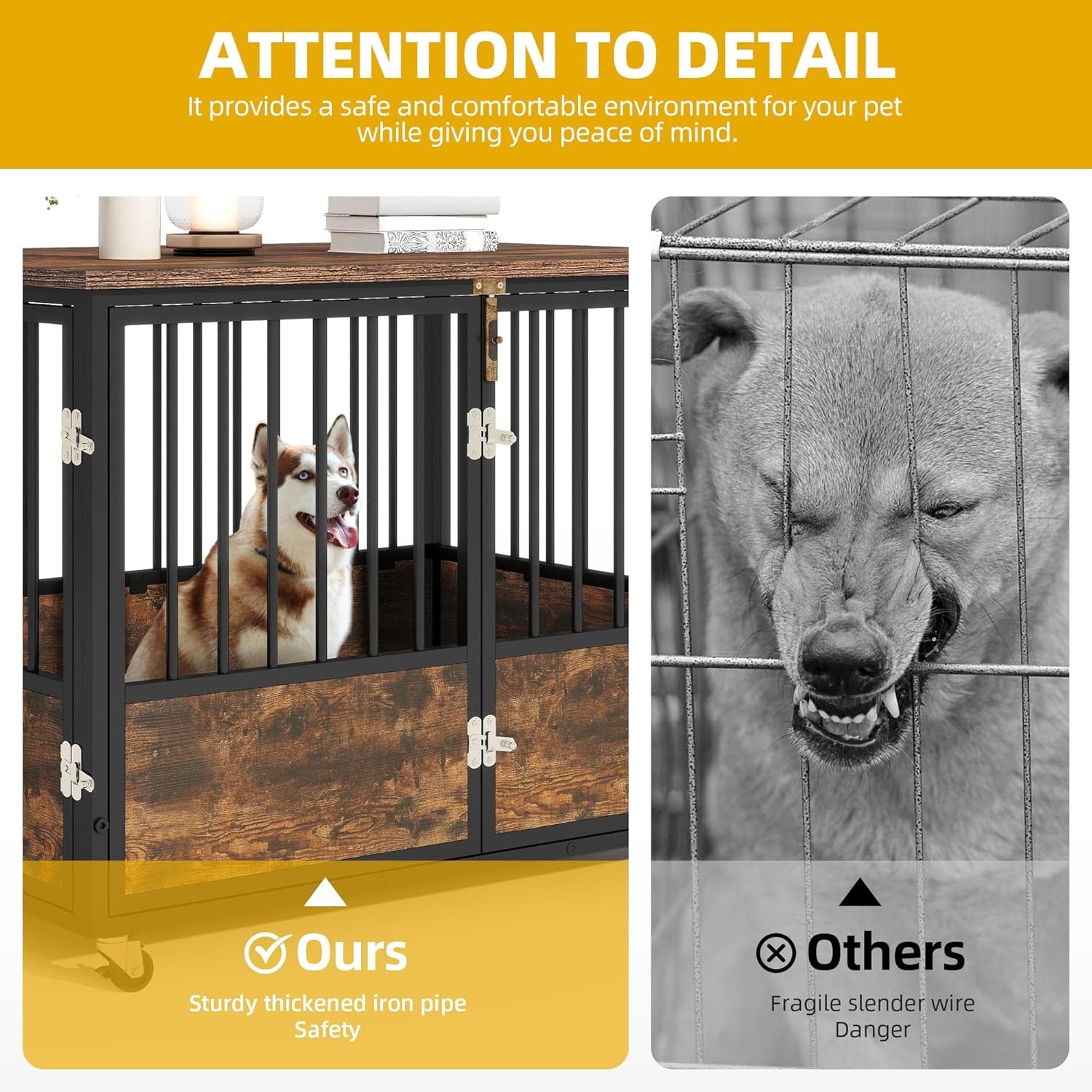 Dog Crate Furniture with Wheels, 43 Inch Dog Kennel Indoor Furniture End Table Dog Crate for Dogs, Farmhouse Decorative Wooden Dog Cage Table with Double-Doors, Chew-Resistant, Rustic Brown