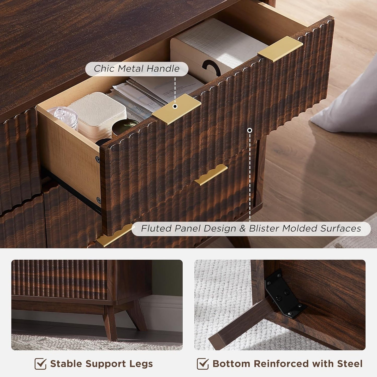 Fluted 6 Drawers Dresser, 54" Wide Modern Chest of Drawers, Curved Profile Design, Dresser TV Stand, Wood Drawer Organizer for Bedroom, Living Room, Hallway, Dark Walnut