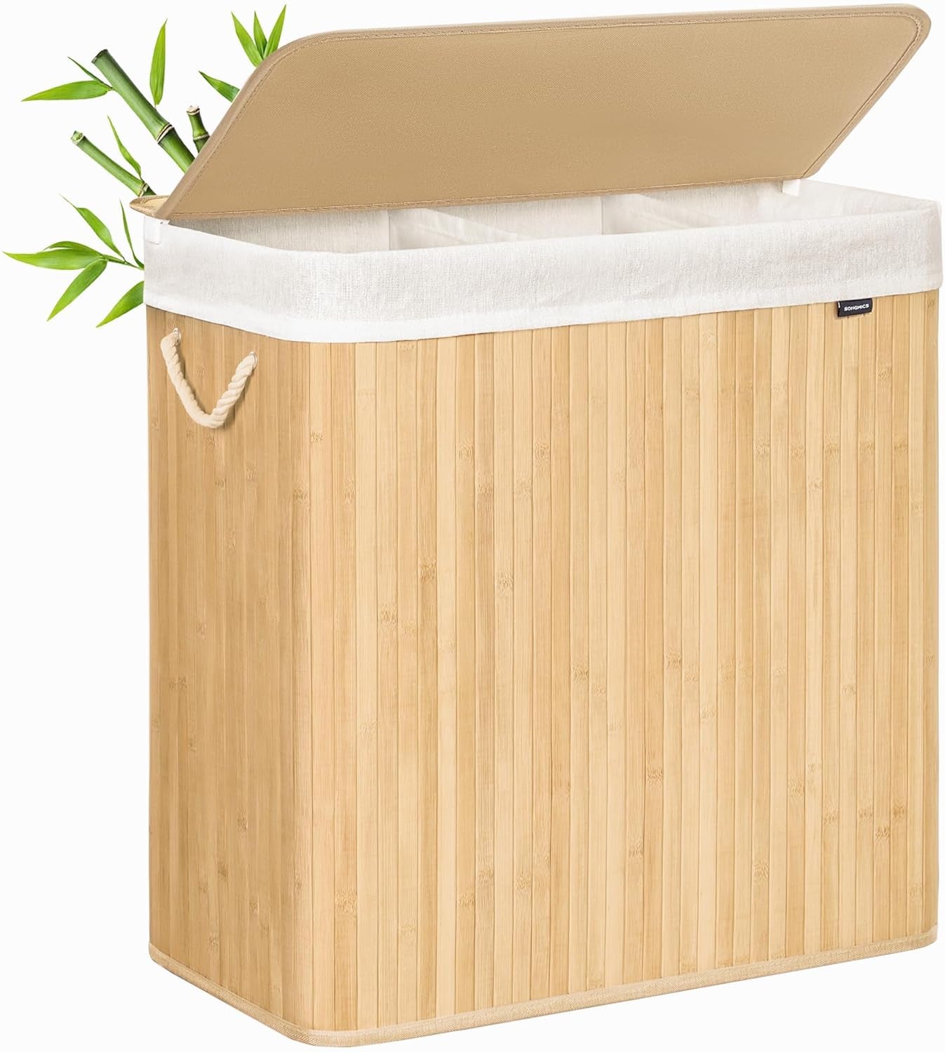 Laundry Hamper, 39.6 Gal. (150 L), 3-Section Laundry Basket, Laundry Hamper with Lid, Bamboo, Foldable, Removable and Machine Washable Liner, for Laundry Room, Bedroom, Natural ULCB091N01