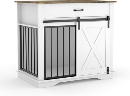 Dog Crate Furniture with Double Doors, 38 Inch Large Pet Cage House End Table with Storage Drawer & Sliding Barn Door, Indoor Wooden Dog Kennel Buffet Cabinet with Pet Cage House Side Table