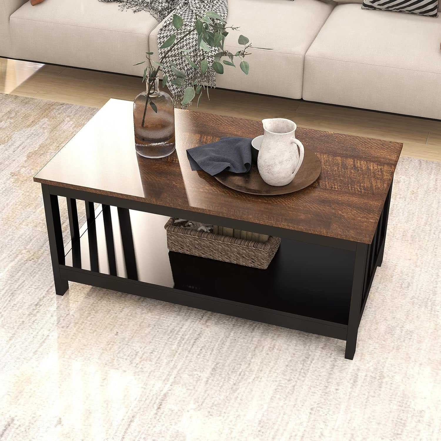 Farmhouse Coffee Table, Black Living Room Table with Shelf, 40 Inch