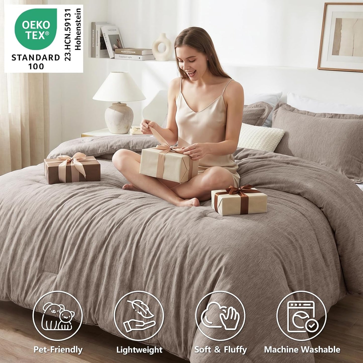 King Size Comforter Set 3 Pieces, Heathered Khaki Soft Luxury King Bedding Sets, Breathable Lightweight down Alternative Comforter with 2 Pillow Shams, All Season Bed Set Gift for Home
