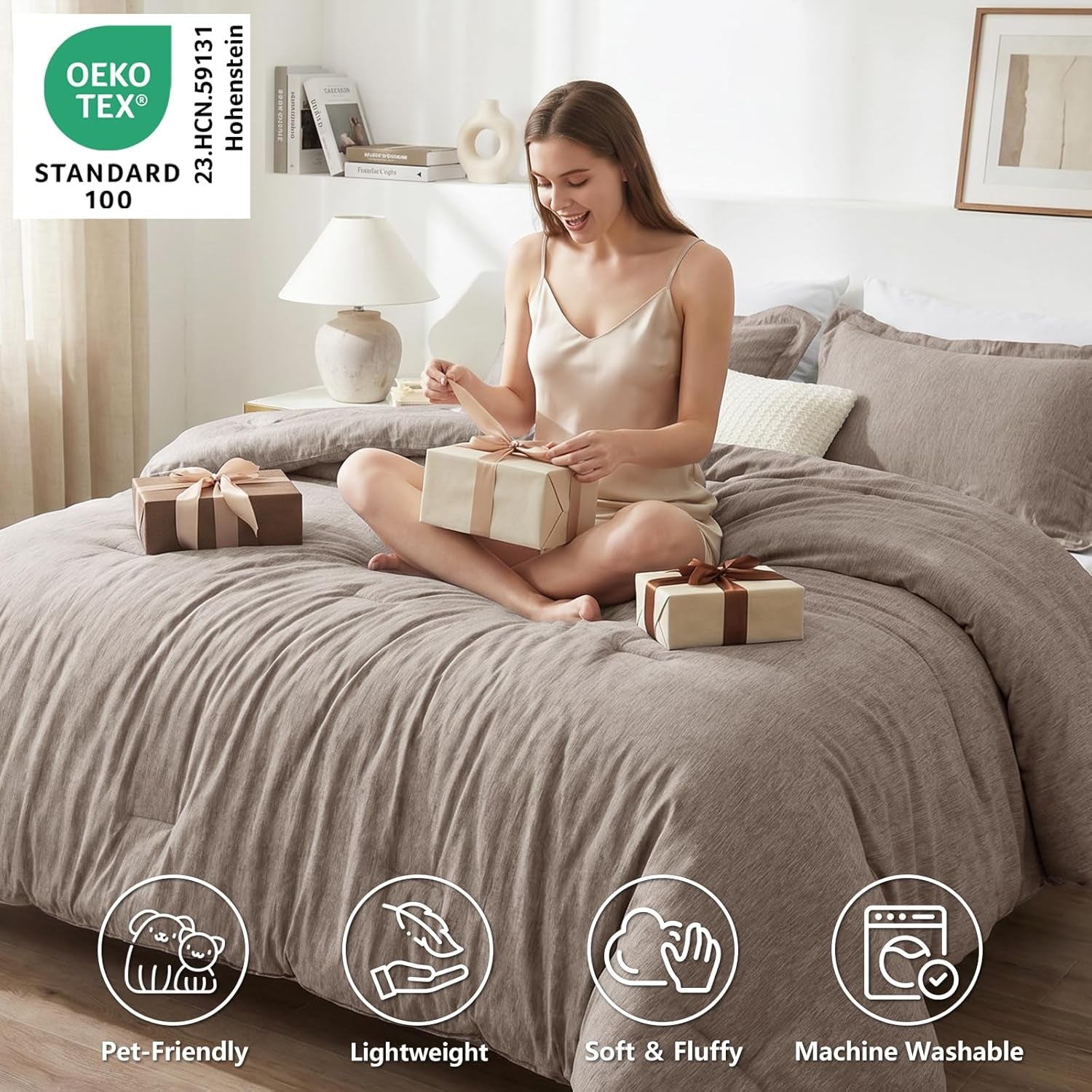 King Size Comforter Set 3 Pieces, Heathered Khaki Soft Luxury King Bedding Sets, Breathable Lightweight down Alternative Comforter with 2 Pillow Shams, All Season Bed Set Gift for Home