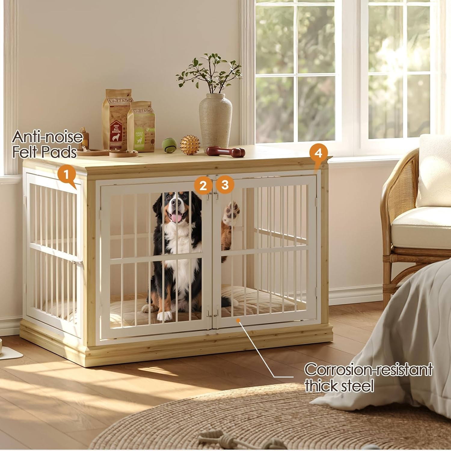 42 in Solid Wood Dog Crate Furniture for Dogs-Dog Kennel Indoor for End Table, Chew-Proof and Silent Latches Design for Large and Medium Dogs, Dog Kennel Furniture-(Brown+Black)