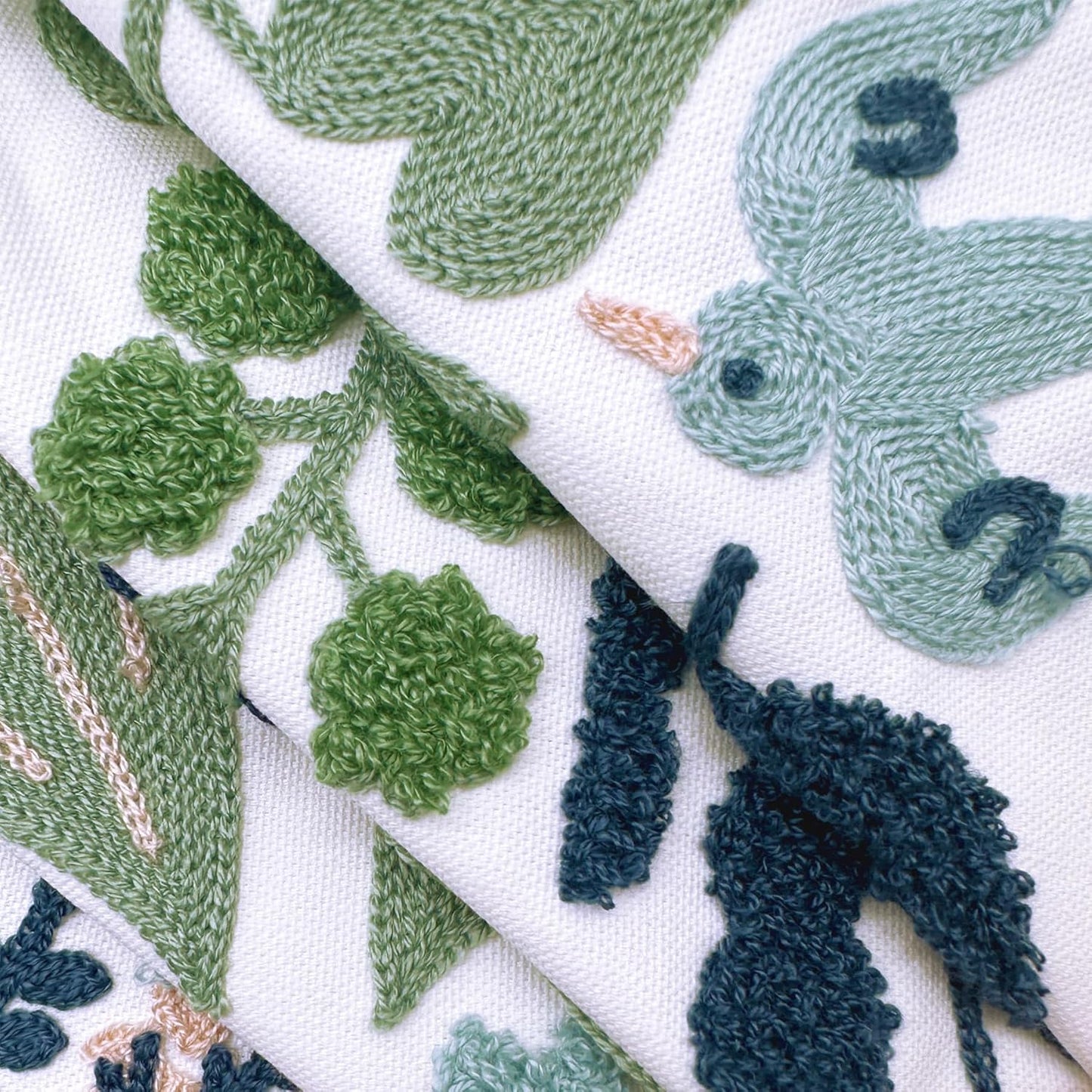 Summer Floral Embroidered Decorative Throw Pillow Covers 18"X 18" Set of 2, Farmhouse Navy Blue Flowers Green Leaves Tufted Patterned Cotton Cushion Cases for Couch Bed Living Room Decor