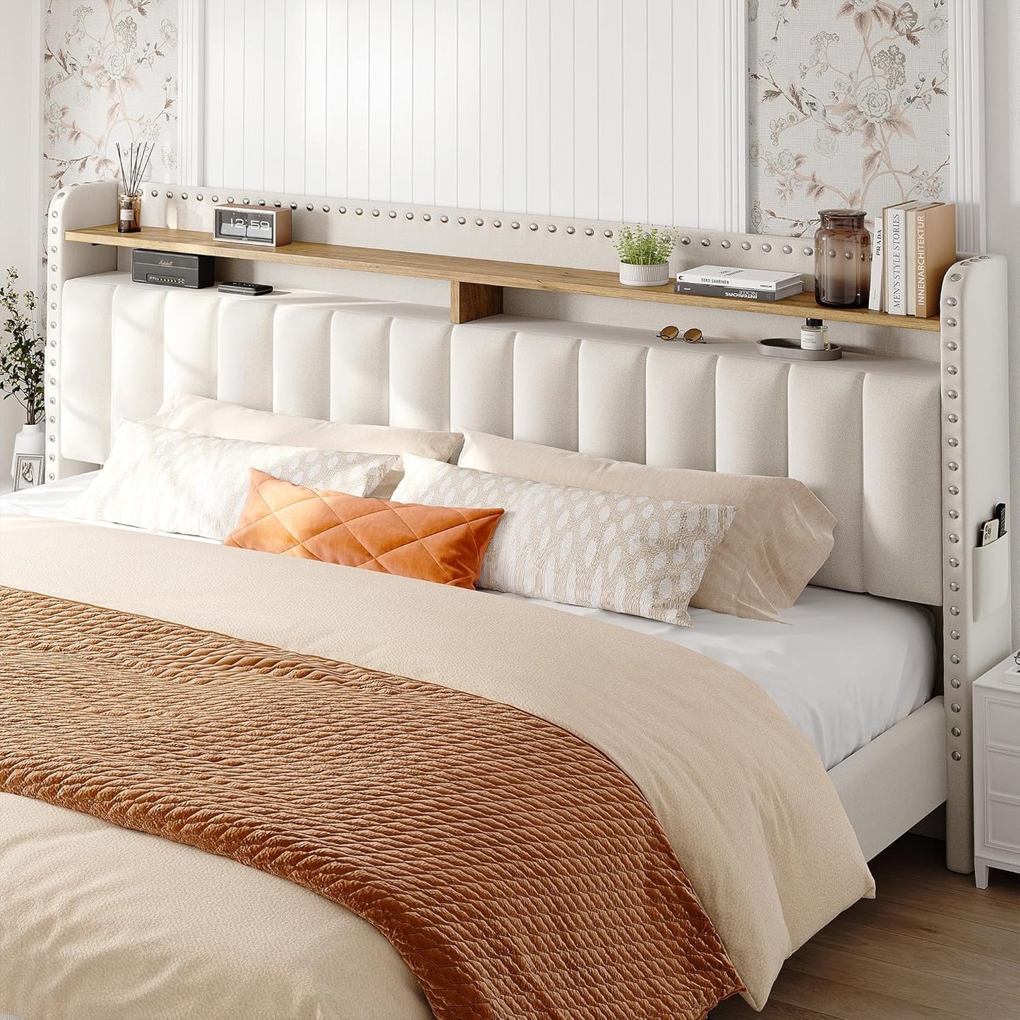 King Size Bed Frame, Upholstered King Bed Frame with 2 Storage Drawers and 2-Tier Headboard, Vertical Tufted Headboard Design, Extra Storage Space for Bedroom Apartment, Beige