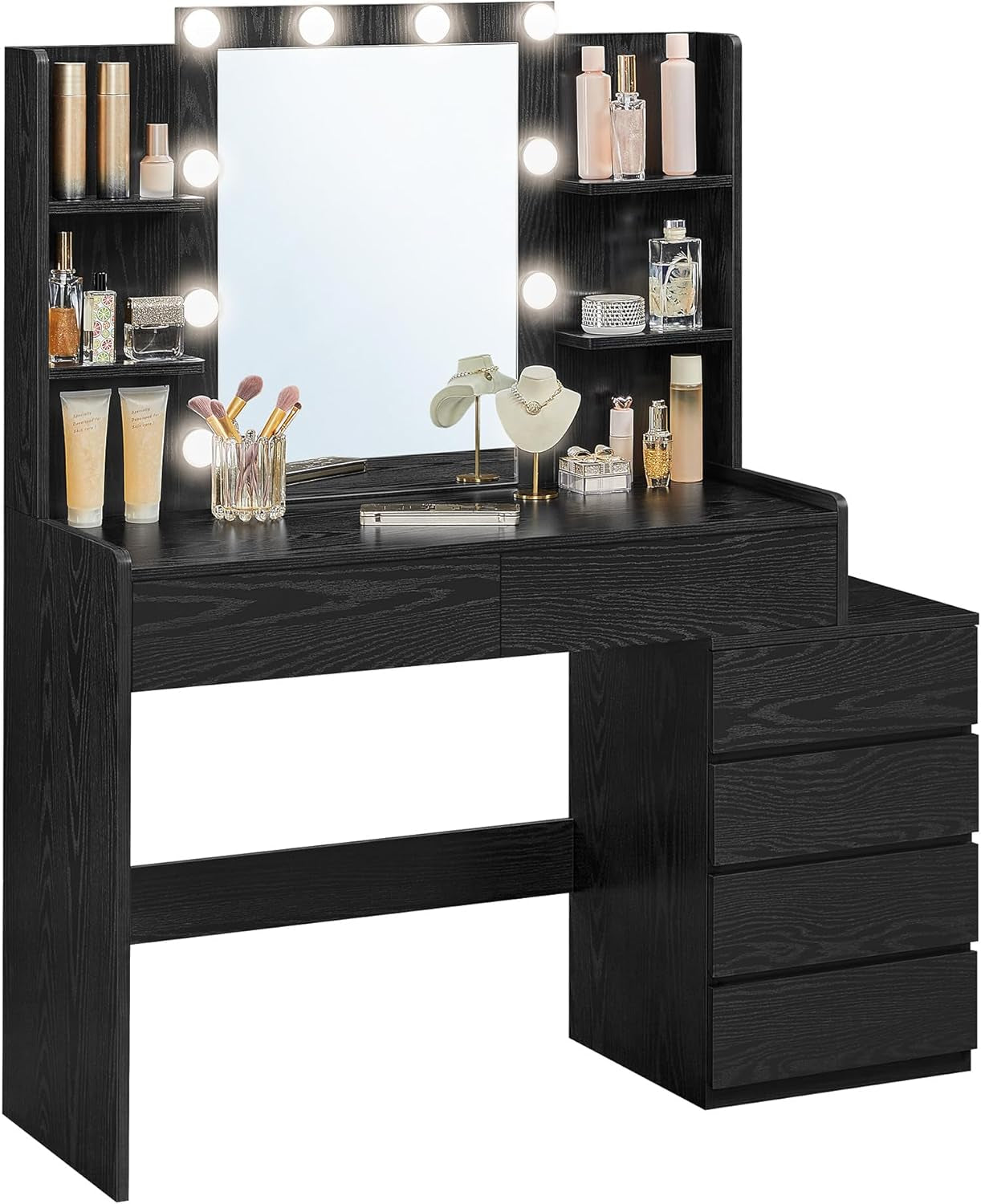 Vanity Desk with Mirror and LED Lights, Makeup Vanity with 6 Drawers, Vanity Table with 4 Open Shelves, 10 Dimmable LED Lights, for Bedroom, Dressing Room, Modern, Ebony Black URDT122B01
