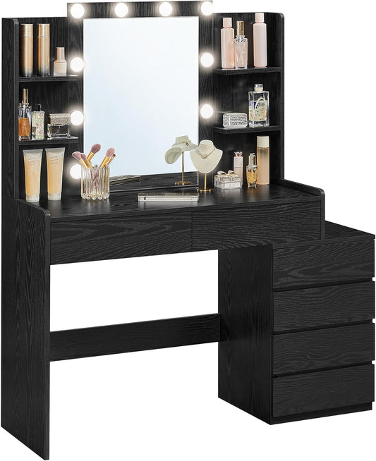Vanity Desk with Mirror and LED Lights, Makeup Vanity with 6 Drawers, Vanity Table with 4 Open Shelves, 10 Dimmable LED Lights, for Bedroom, Dressing Room, Modern, Ebony Black URDT122B01