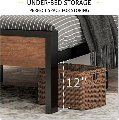 14 Inch Queen Size Metal Platform Bed Frame with Wooden Headboard and Footboard, Mattress Foundation, No Box Spring Needed, Large under Bed Storage, Non-Slip without Noise, Walnut