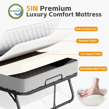Folding Bed with Mattress, Roll Away Beds with Mattress for Adults, Single Cot Foldable Rollaway Beds, 75" X 31" Portable Bed for Easy Storage, Strong Frame for Guest Room, Small Apartment