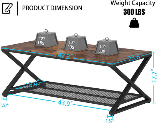 Rustic Coffee Table with Storage, Industrial Wood Metal 2 Tier Center Living Room Table with Mesh Shelf, Farmhouse Wooden Low Rectangle Cocktail Tea Table for Office Bedroom, 47 Inch, Rustic Brown