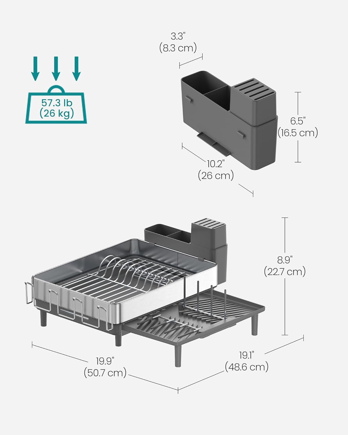 Large Dish Drying Rack, Expandable Dish Dryer for Kitchen Counter, Stainless Steel Dish Rack with Rotatable Spout, Utensil, Cup, Glass, Cutting Board, Pan Holders, Silver and Gray UKCS037G01
