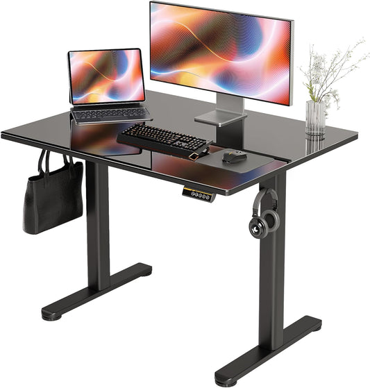 Glass Standing Desk, 40X24 Inch Small Stand up Desk Electric Adjustable Height Quick Install Computer Desk for Home Office, Black