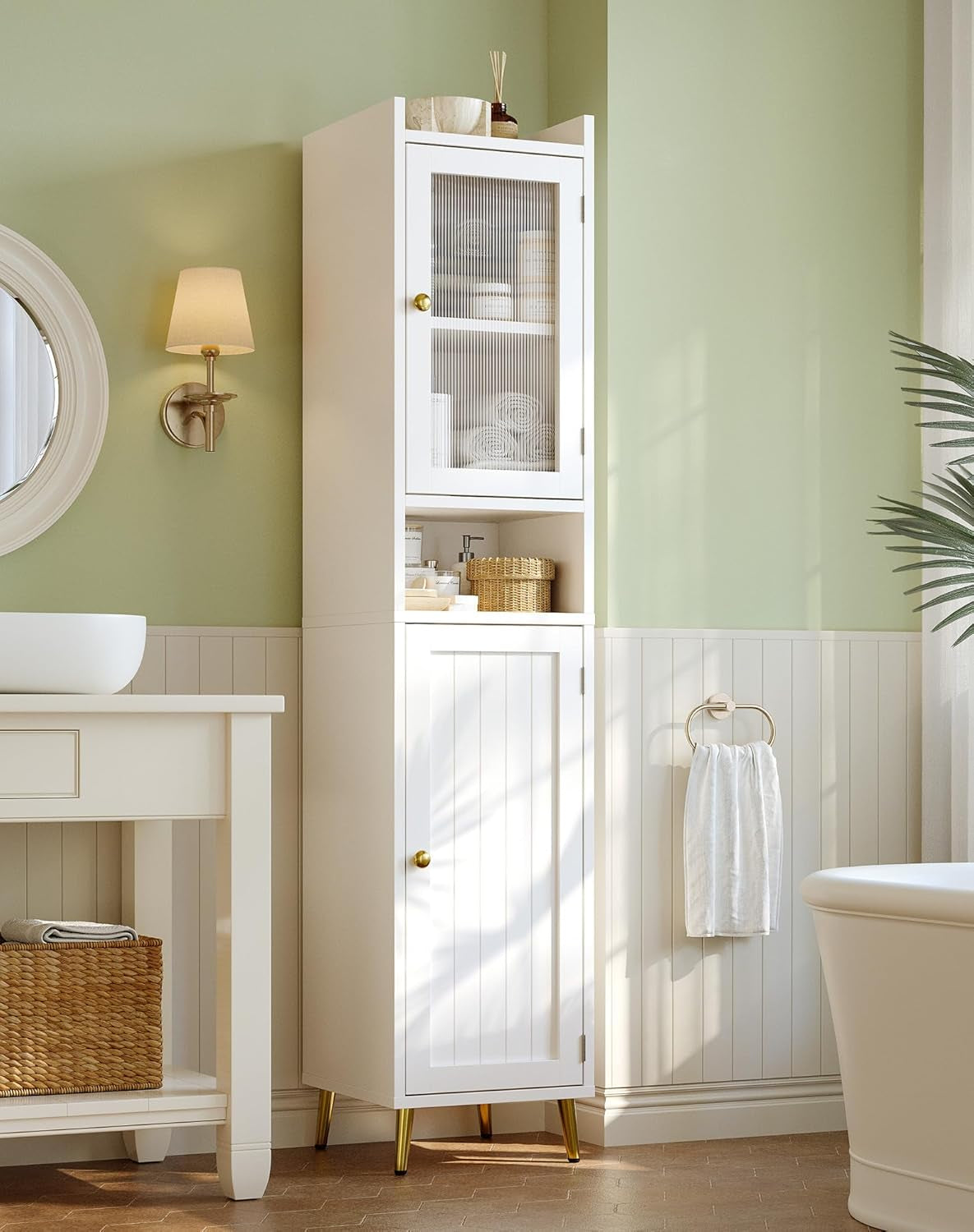 69'' Tall Bathroom Storage Cabinet with 2 Adjustable Shelves, White 6 Tier Narrow Bathroom Cabinet with 2 Doors, Slim Linen Cabinets for Brathroom,Home Office