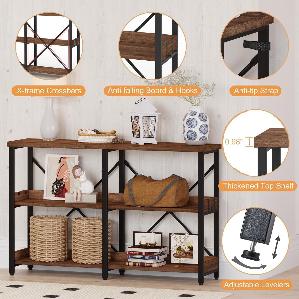 Rustic Console Table with Shelves, 3 Tier Sofa Table behind Couch for Living Room, Wood Metal Entryway Tables for Hallway, Foyer, Entrance (47 Inch, Rustic Oak)