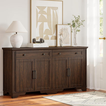 63" Sideboard Buffet Cabinet, Kitchen Buffet Storage Cabinet, Large Credenza with Drawers & Doors, Wood Coffee Bar Console Wine Bar for Living Room Hallway Brown