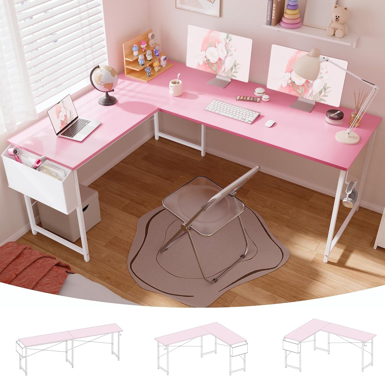 64.5 Inch Reversible L Shaped Gaming Desk Large Corner Computer Desk with Storage Bag Home Office Table for Writing Study Pink