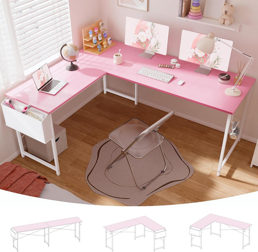 64.5 Inch Reversible L Shaped Gaming Desk Large Corner Computer Desk with Storage Bag Home Office Table for Writing Study Pink