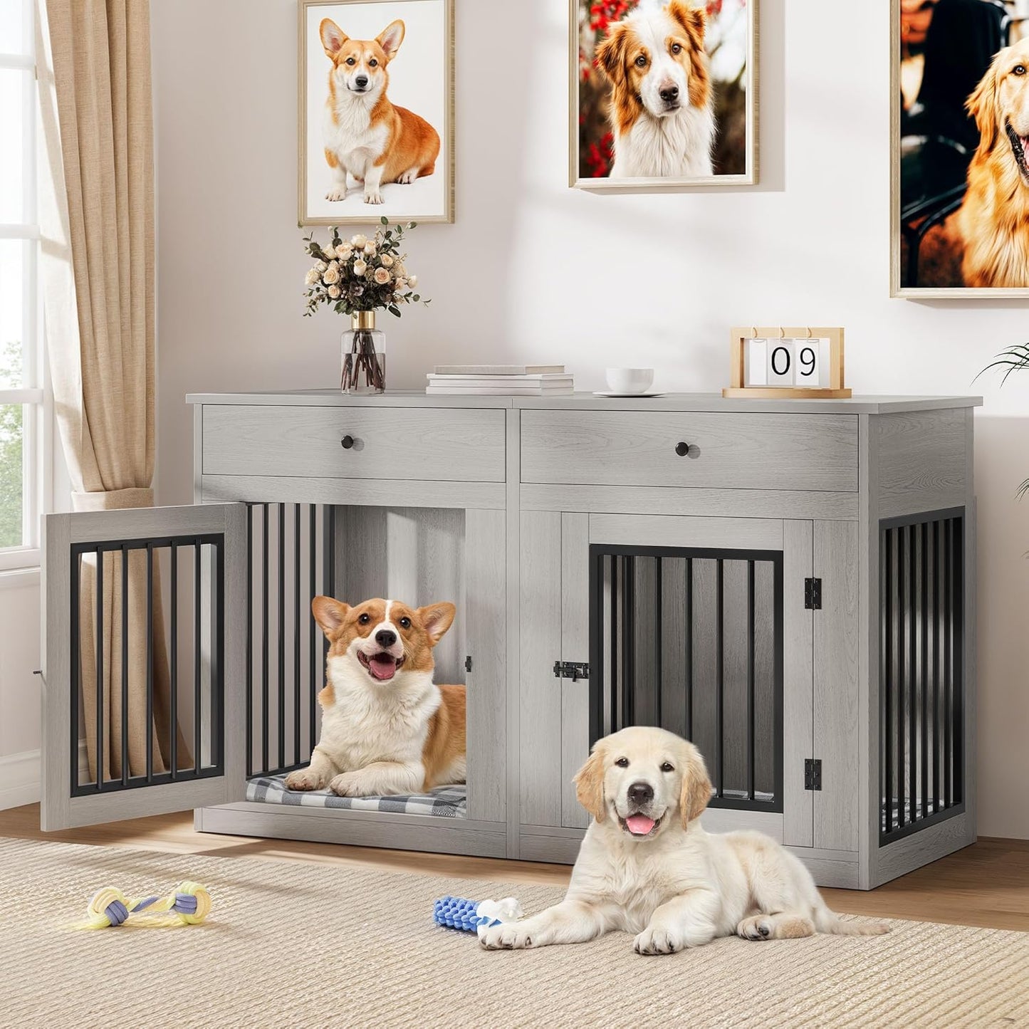 60" Wooden Dog Crate Furniture with Removable Divider & Storage Drawers, Double Door Kennel with Locks for Medium and Large Dogs, Multi-Functional Dog Crate End Table for Indoor Use, Grey