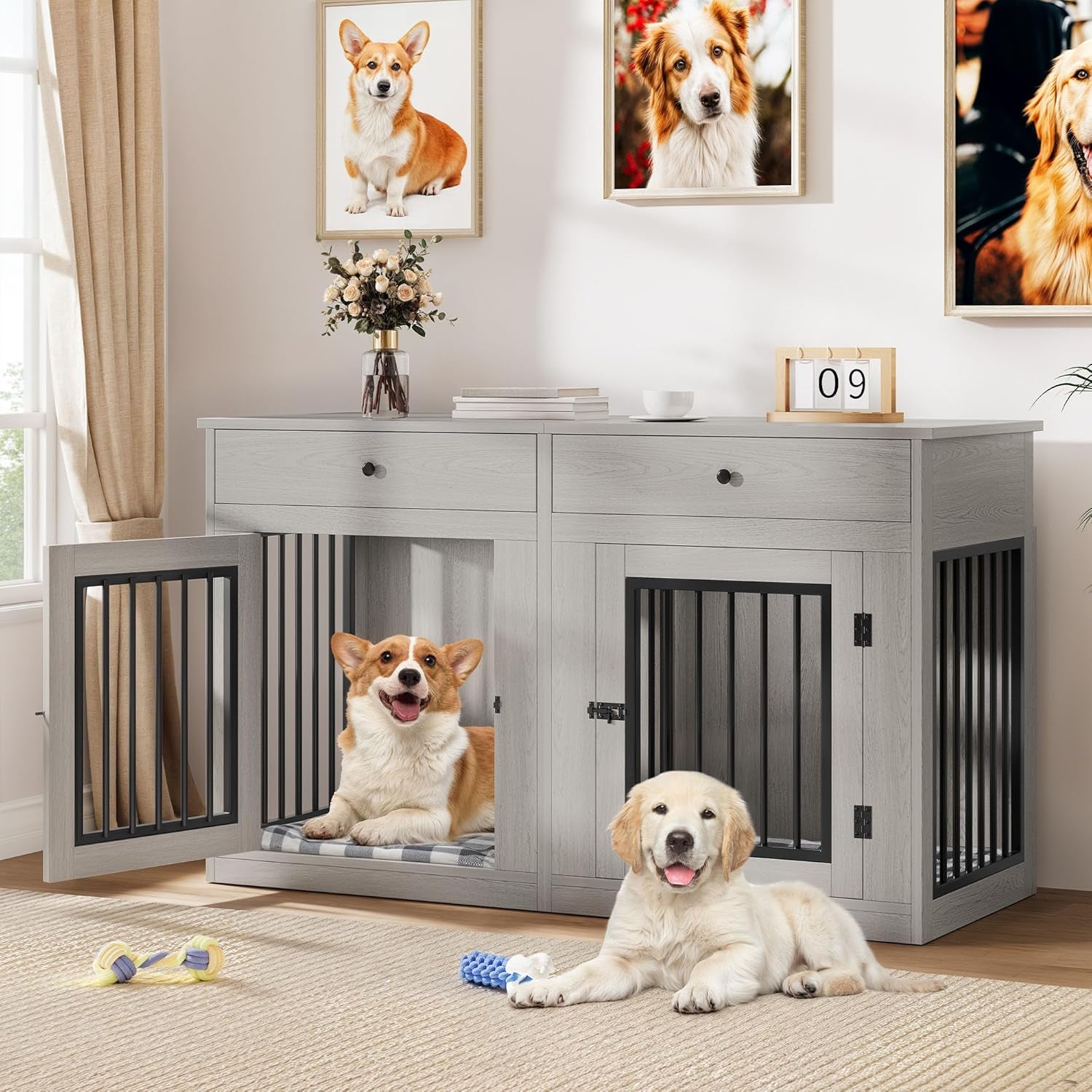 60" Wooden Dog Crate Furniture with Removable Divider & Storage Drawers, Double Door Kennel with Locks for Medium and Large Dogs, Multi-Functional Dog Crate End Table for Indoor Use, Grey