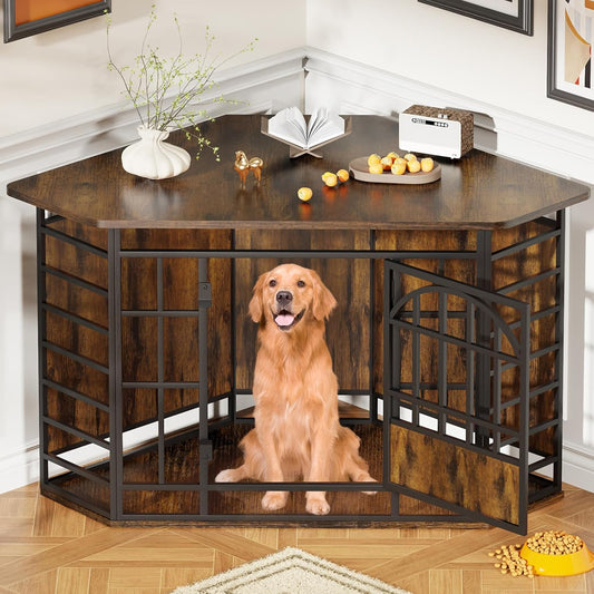 Corner Dog Crate Furniture, 52 Inch Large Dog Kennel Indoor Wooden End Table, Modern Dog Cage Decorative Pet House TV Stand for Medium Large Dogs,Vintage Brown
