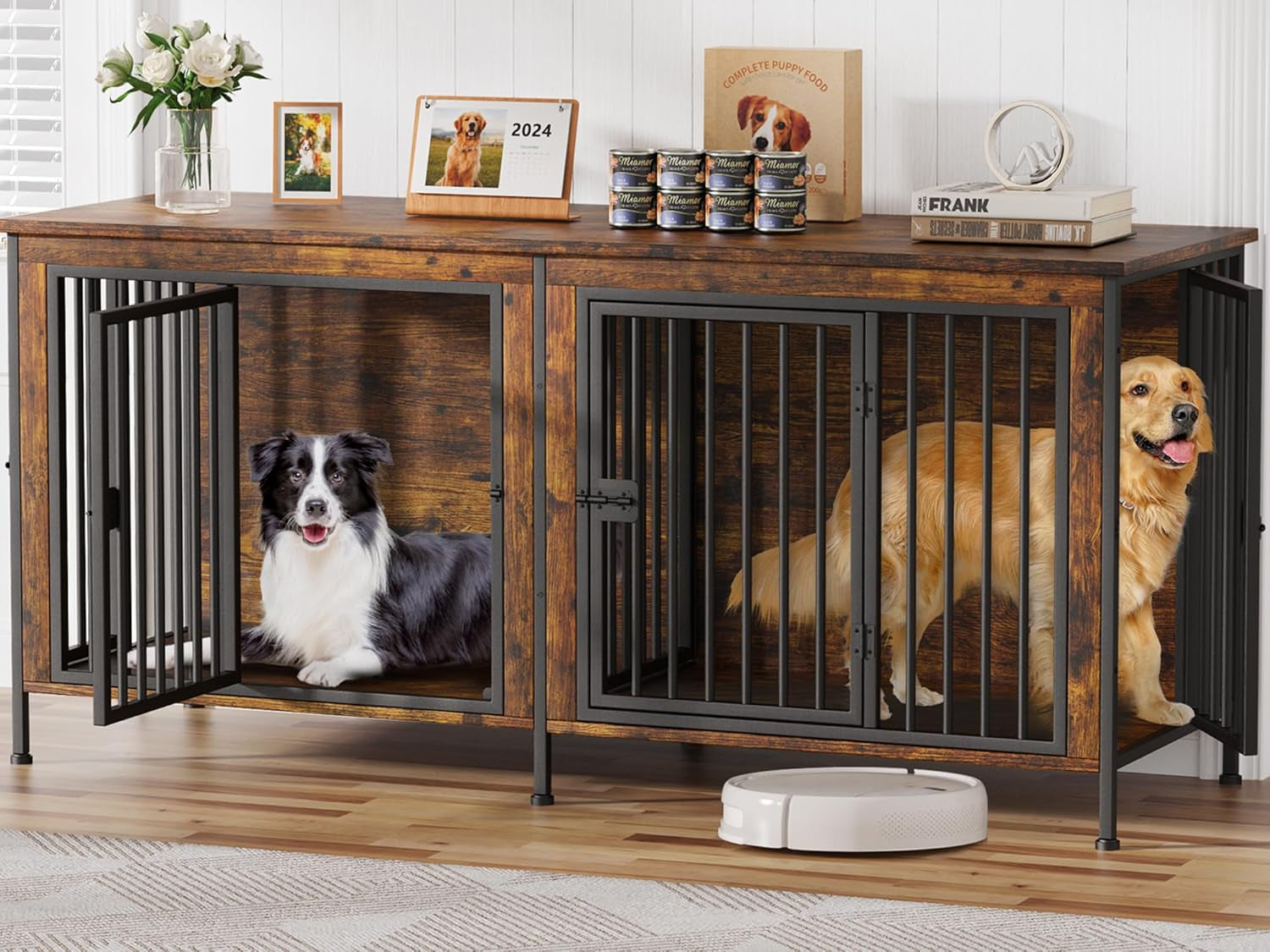 Dog Crate Furniture for 1 or 2 Dogs, Heavy Duty Single/Double Dog Crates for Small/Medium/Large Dogs, Dog Kennel Furniture Indoor as TV Stand, Large Size 78.74" L(35-60 Pounds), Brown