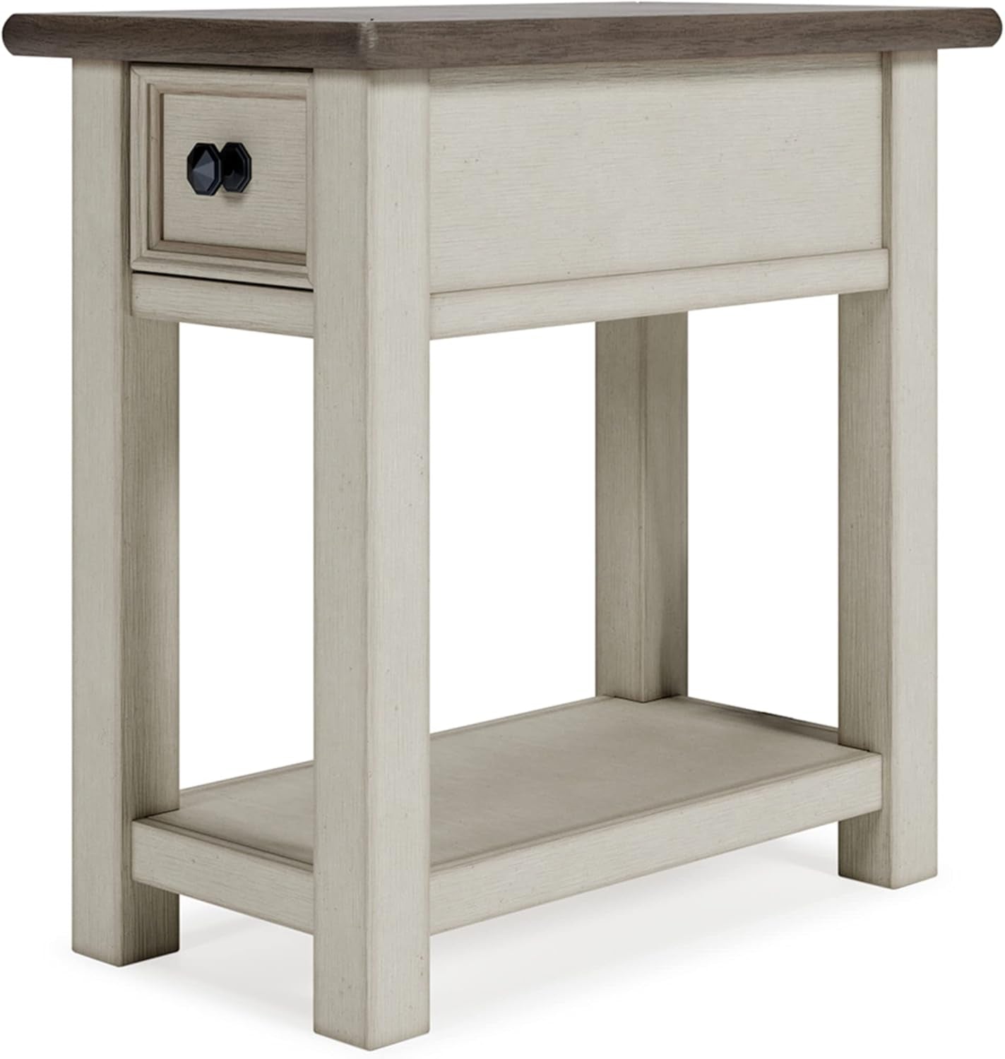 Bolanburg Chairside End Table with Charging Station, Two-Tone Wood Accent Table with Drawer Storage, Plank Top Design for Living Room or Bedroom, Antique White