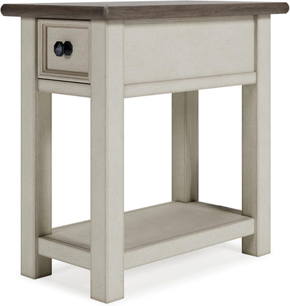 Bolanburg Chairside End Table with Charging Station, Two-Tone Wood Accent Table with Drawer Storage, Plank Top Design for Living Room or Bedroom, Antique White