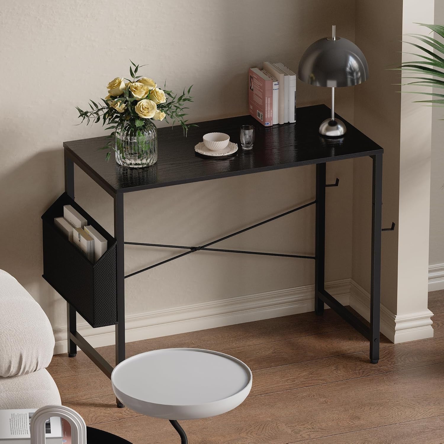32 Inch Computer Desk for Small Spaces with Storage Bag, Home Office Work Desk with Headphone Hook, Small Office Desk Study Writing Table