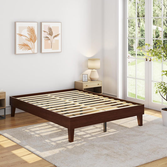 Queen Bed Frame Natural Solid Wood Platform Bed with Wooden Slats Support, 12-Inch Underbed Space for Storage, Noise-Free Design, Easy Assembly, Dark Walnut Finish