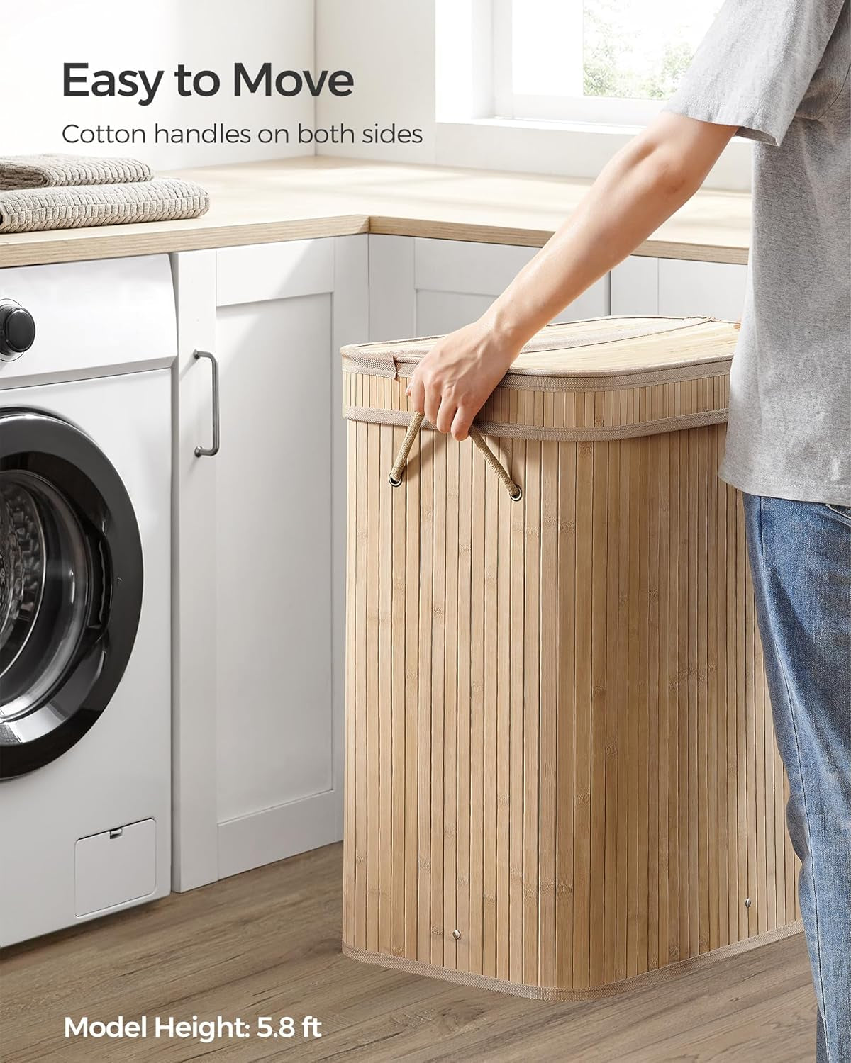 Laundry Hamper with Lid, Bamboo Laundry Basket, Removable Machine Washable Laundry Basket, with Handles, 26.4-Gallons, for Laundry Room, Bedroom, Bathroom, Natural Beige ULCB063N01