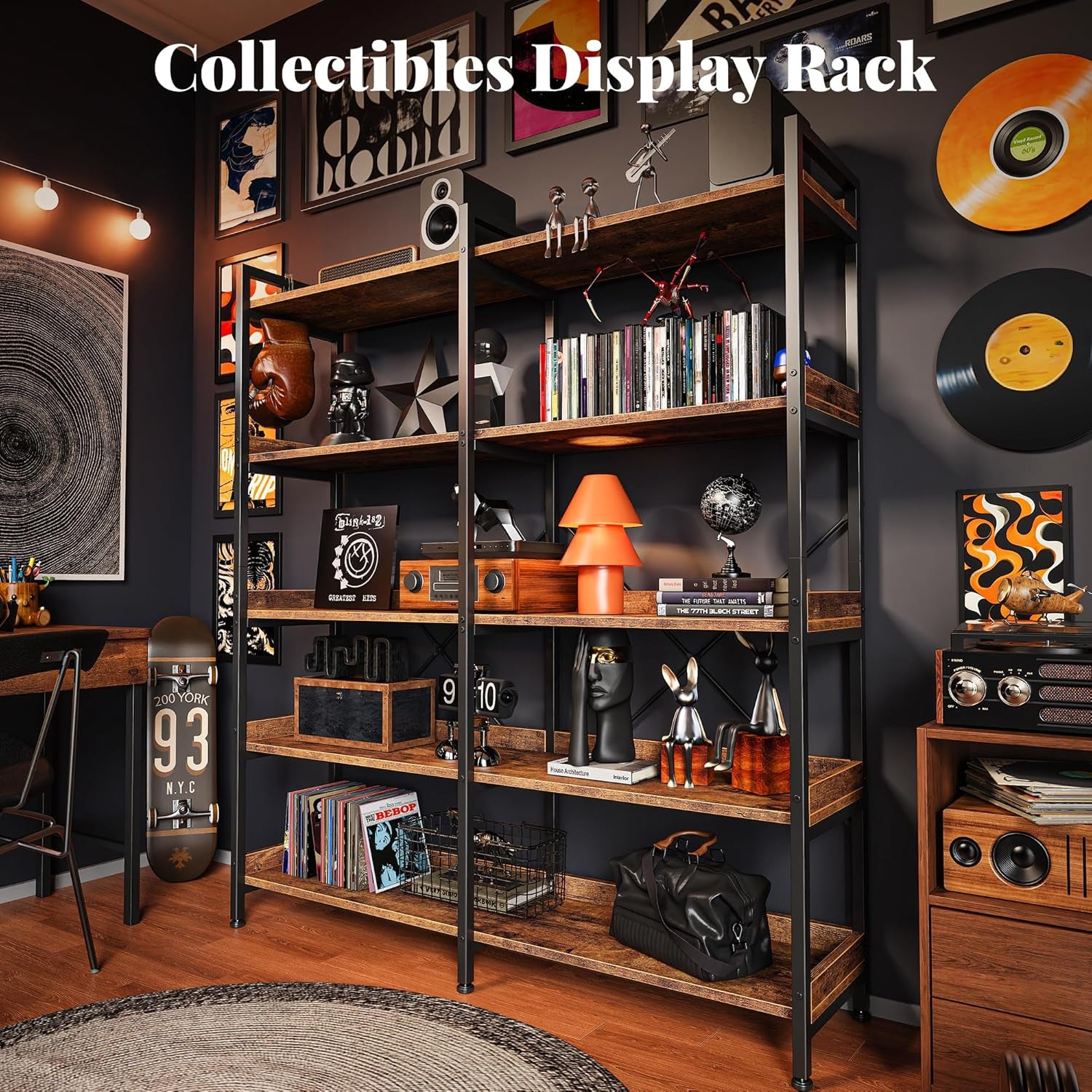 5 Tier Bookshelf, Display Bookshelf with 10 Open Shelves and Raised Baffle, 47.2 Inch Straight Wide Bookcase with Metal Frame and Wooden Board, Adjustable Feet, Rustic Brown