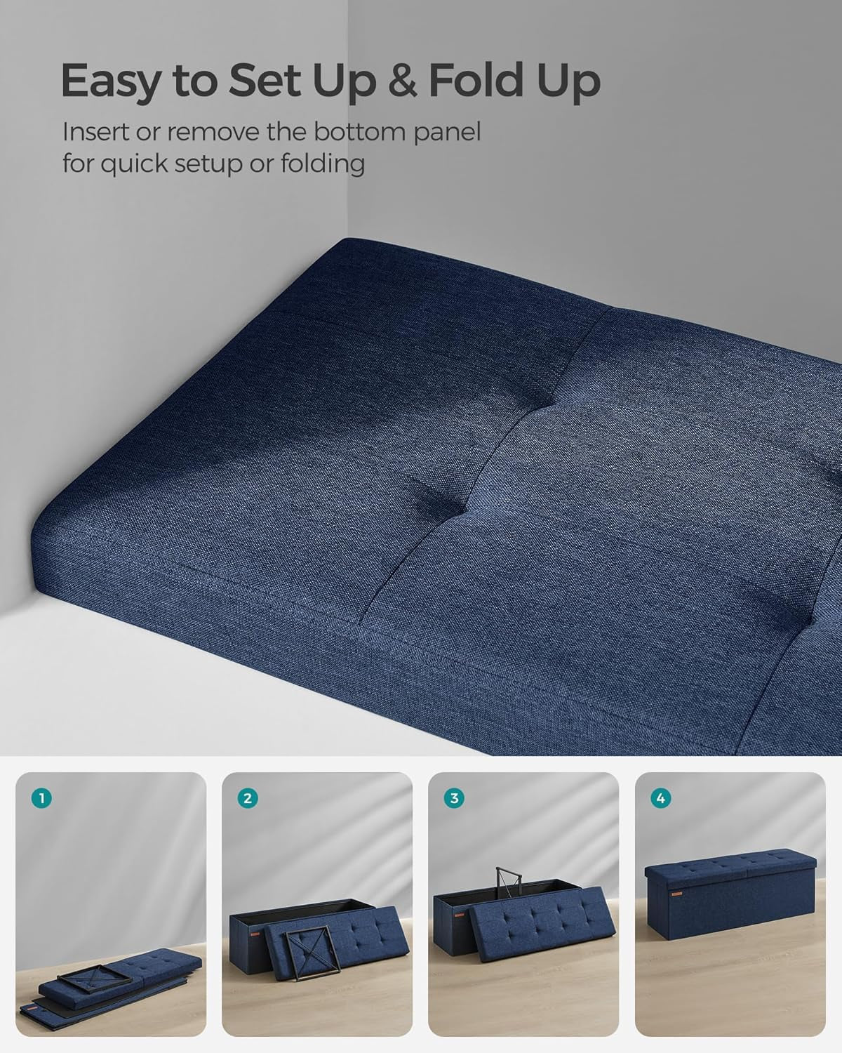 Mazie Collection - 43 Inches Storage Ottoman, Foldable Storage Bench with Flipping Lid, 660 Lb Load Capacity, for Entryway, Living Room, Bedroom, Midnight Blue ULSF076Q02