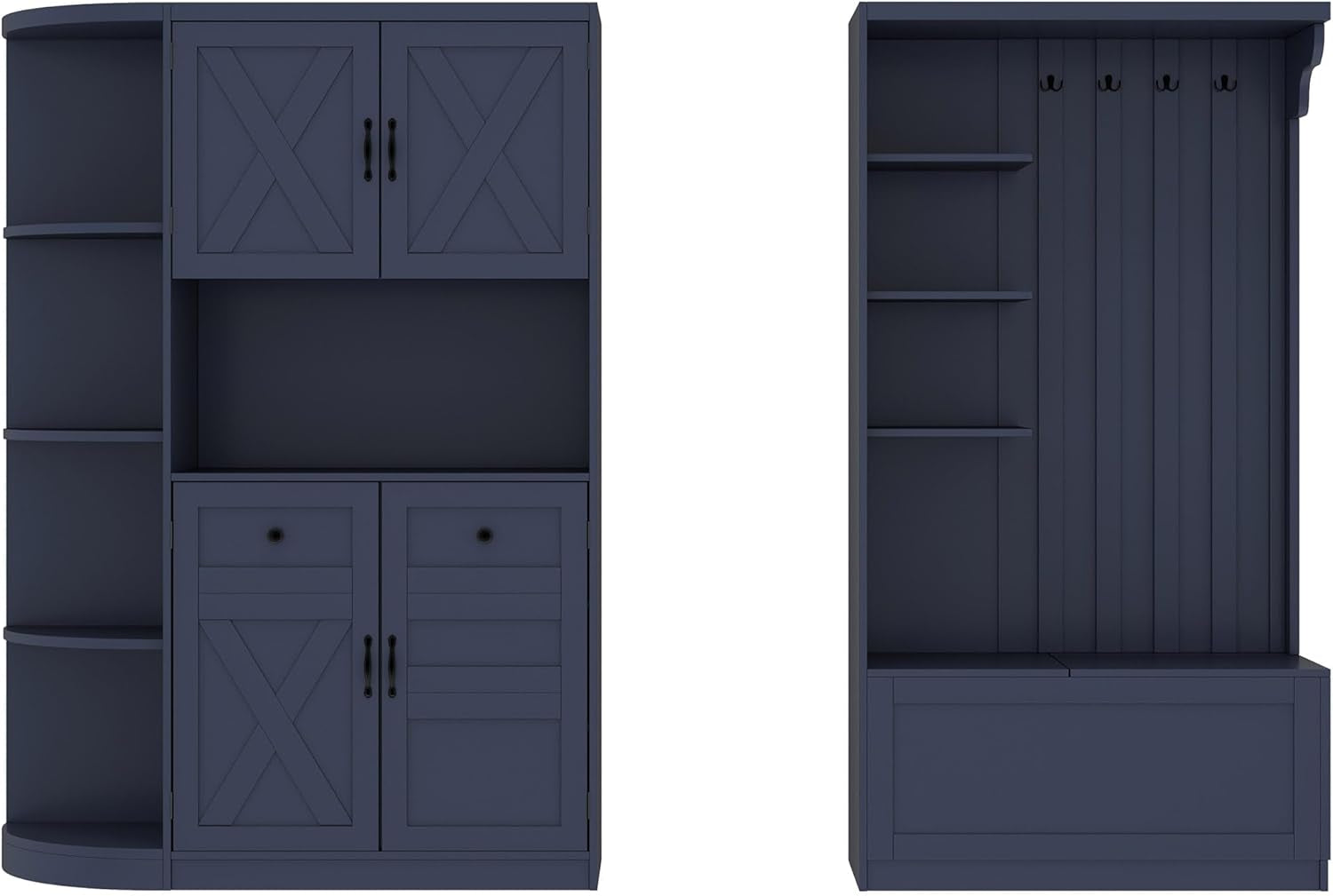 Hall Tree with Storage Cabinet, Hall Tree with 4 Hooks, Storage Cabinet for Living Room, Hallway, Enterway, Antique Blue