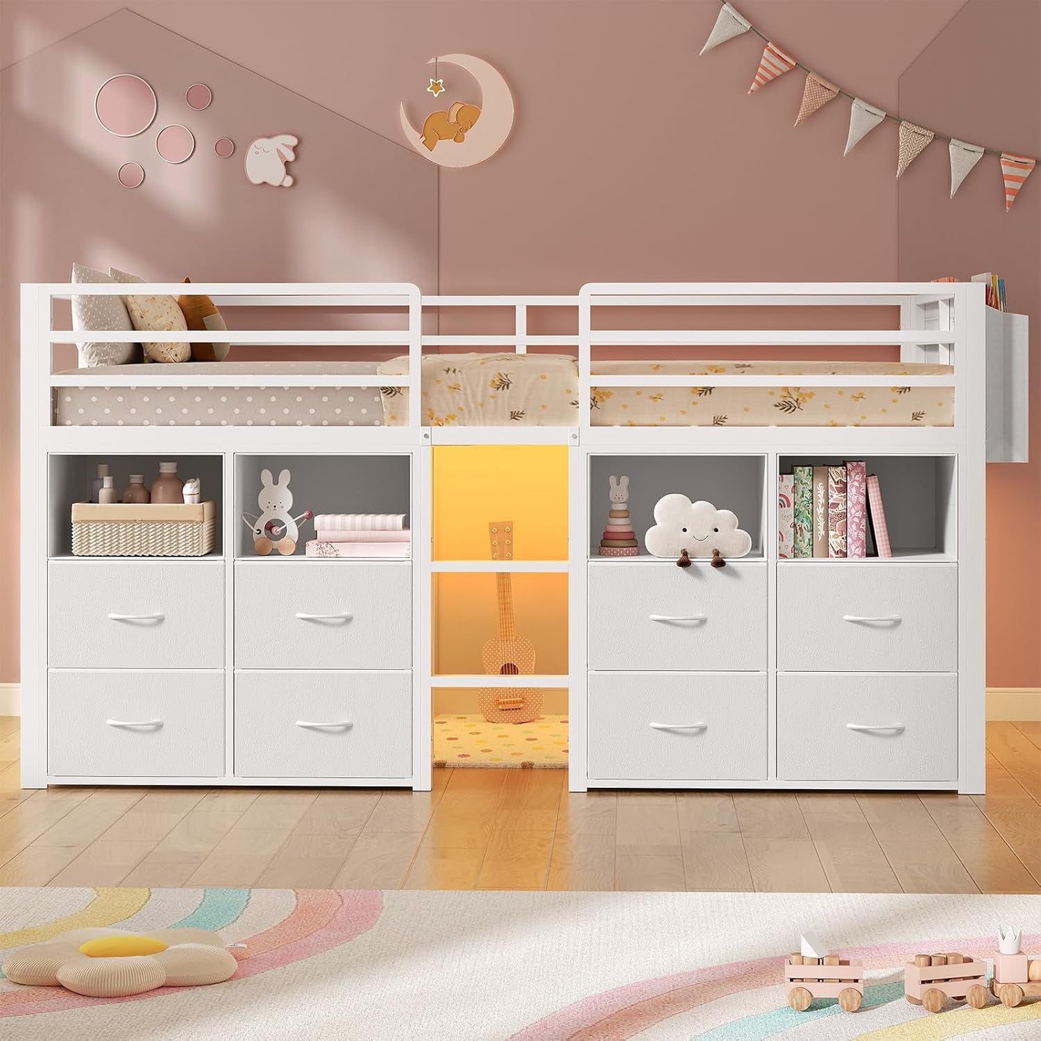 Low Loft Bed Twin Size with 8 Storage Drawers, Twin Loft Bed with Bookcase and LED Lights, Metal Kids Loft Bed with 14" H Safety Guardrail, Under-Bed Play Space, No Box Spring Needed, White