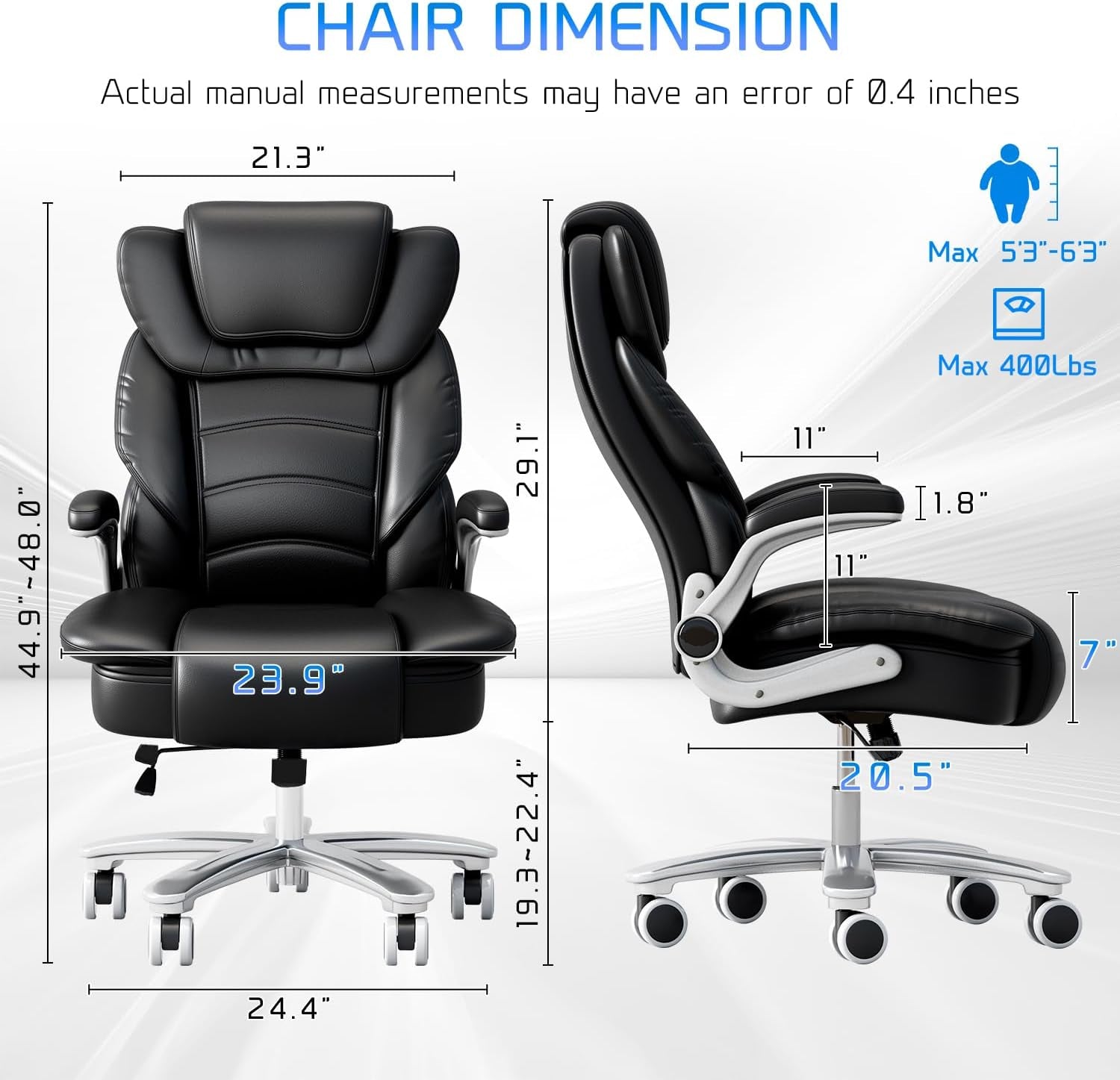 Big and Tall Office Chair 400Lb Wide Seat, Ergonomic High Back Leather Executive Desk Chair with Flip-Up Arms, Black