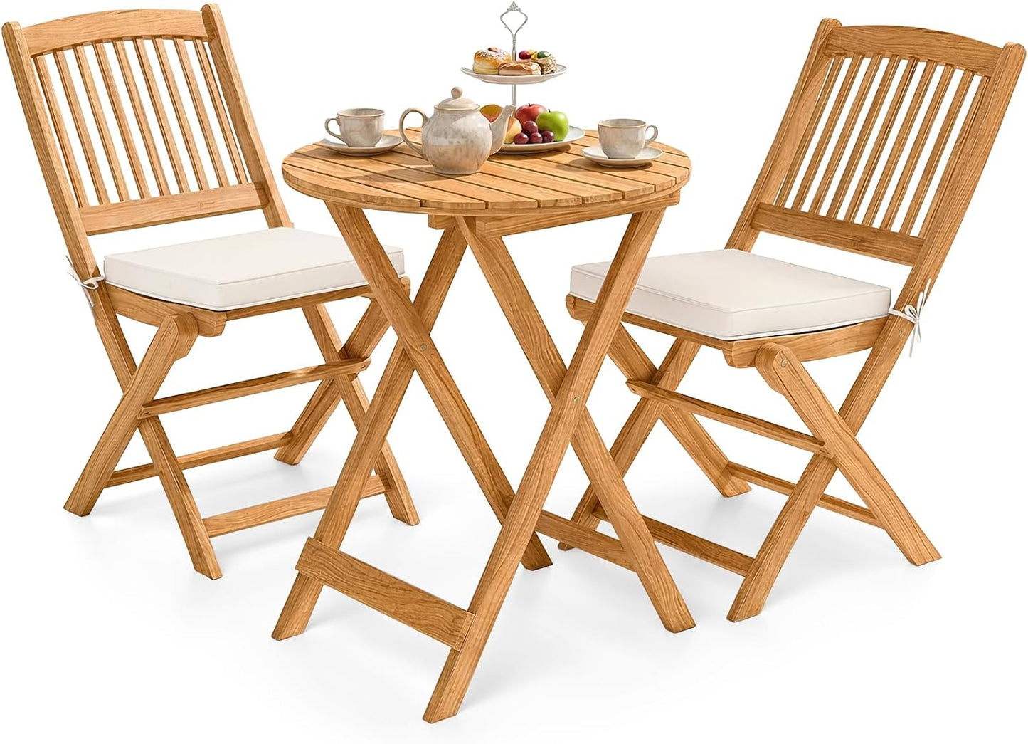 3Pcs Patio Bistro Set, Wood Folding Table Set, 2 Cushioned Chairs for Garden Yard, Outdoor Furniture round Table (Natural & Beige)